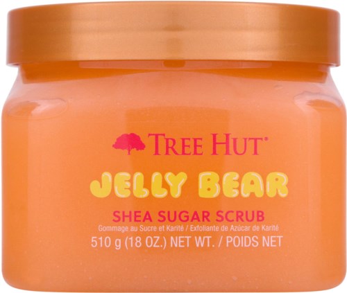 En krukke med Tree Hut Jelly Bear Shea Sugar Scrub i en ferskenfarget beholder med lokk.
