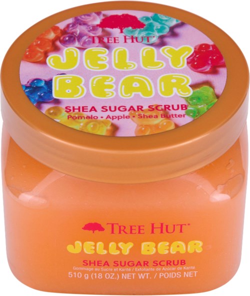 Jelly Bear shea sukker skrubb i krukke med fargerik etikett og oransje beholder.