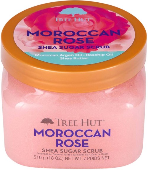 Ein rosa Behälter mit einem Rosenbild und Schriftzug, sagt Moroccan Rose Shea Sugar Scrub und Tree Hut oben.