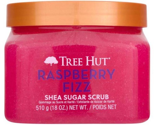 Ein rosa Behälter mit Tree Hut Raspberry Fizz Shea Sugar Scrub und braunem Deckel.