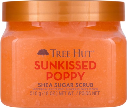 Lys oransje krukke med Tree Hut Sunkissed Poppy shea sukker scrub og matchende lokk.