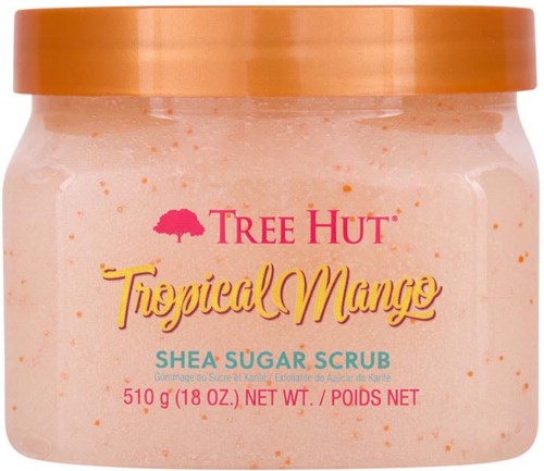 Ein Glas Tropical Mango Sheabutter-Zuckerpeeling von Tree Hut, rosa und orange Verpackung, mit Produktnamen und Details.