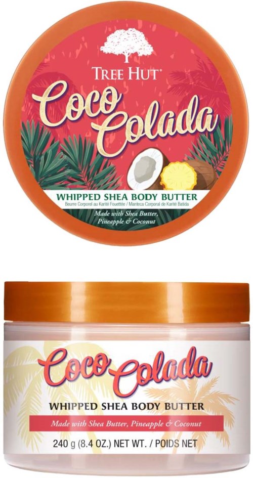 Eine Kokosnuss-inspirierte Body-Butter-Behälter mit tropischen Blättern, Kokosnussbild und der Marke 'Tree Hut Coco Colada'.
