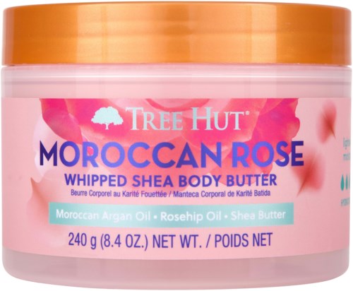 Rosa und orange Behälter von Tree Hut Moroccan Rose shea body butter mit Rosenbildern und Produktdetails.