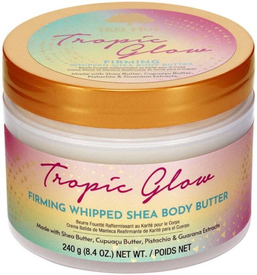 Ein runder Behälter mit Tropical Glow festigendes geschlagene Sheabutter-Körperbutter mit rosa und goldfarbenem Design.