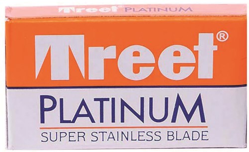 The box shows a stainless steel razor blade called Treet Platinum, with red and purple colors and bold text.