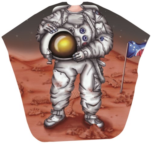 En astronaut i rymddräkt håller i en hjälm på en röd planet med en flagga i bakgrunden.