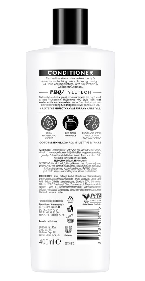 A white bottle with a black cap labeled as a conditioner for hair care, containing 400ml of product.