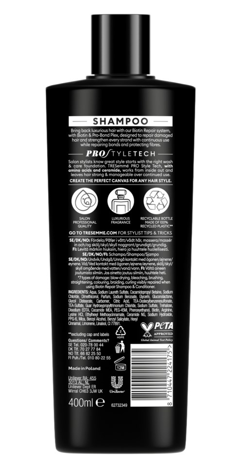 Black shampoo bottle with white text and symbols, 400 ml size, brand PRO TYLETECH.