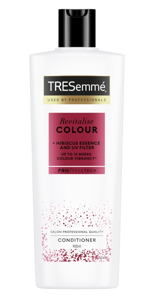 A white bottle with black cap, labeled as Tresemmé conditioner, features pink and black text, with a pink design.