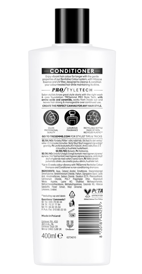 A white bottle labeled 'Conditioner' with a black cap, containing hair care product, 400ml size, made in Poland.