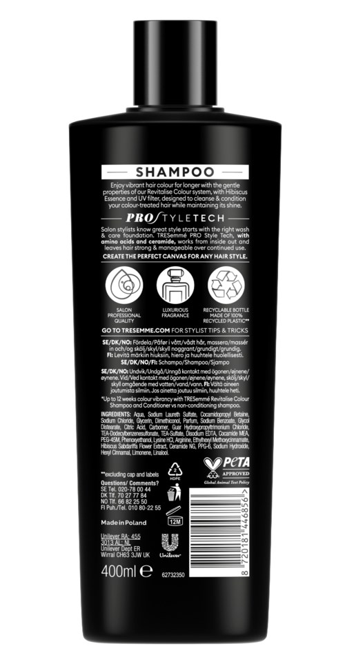 A black shampoo bottle with a white label displaying product details and instructions.
