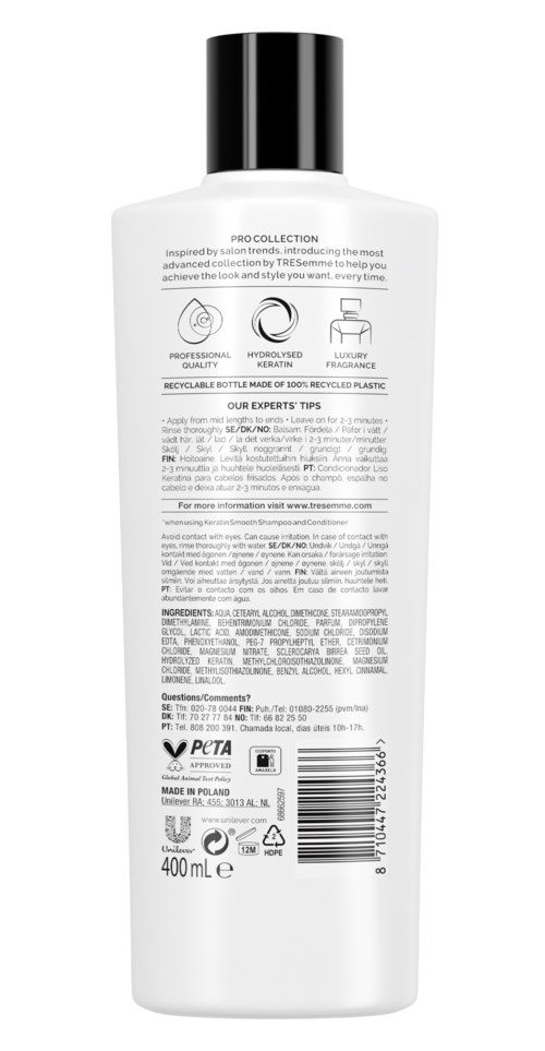 A white bottle with a black cap, contains text about ingredients, usage tips, and recycling information.