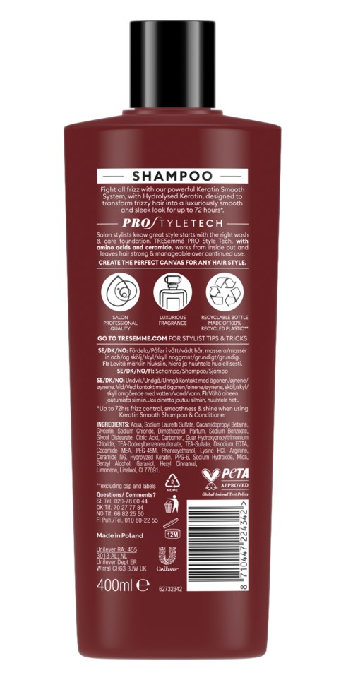 A dark red shampoo bottle with a black cap, label with text and icons, 400 ml size.