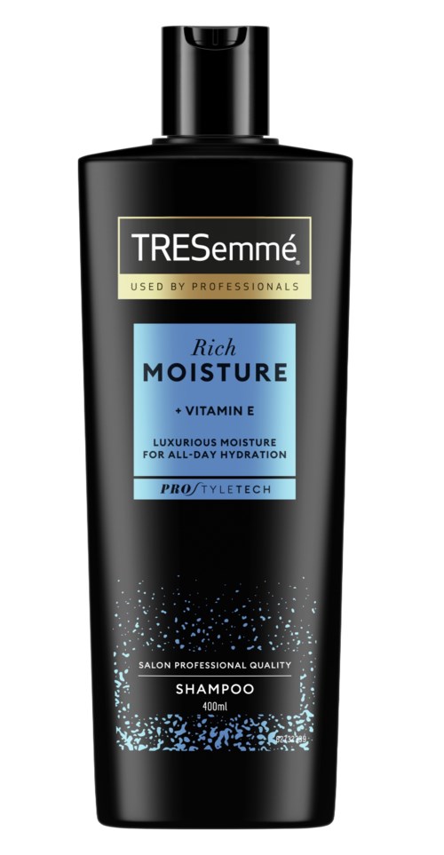 A black shampoo bottle with blue and gold labels, named TRESemmé, for rich moisture and hydration.