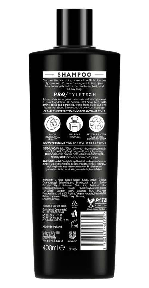 Black shampoo bottle with white labels, 400 ml size, has recycling and cruelty-free symbols, and a barcode.