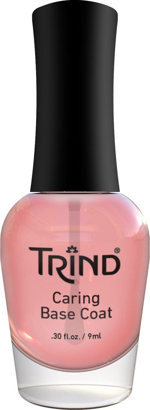 Pink nail polish bottle with black cap, labeled 'TRIND Caring Base Coat'.