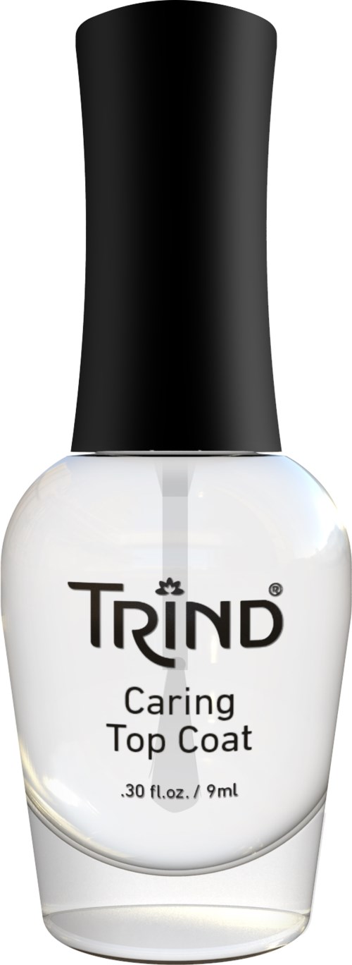 Clear bottle with black cap, labeled 'Trind Caring Top Coat,' 9 ml. Nail polish or top coat product.