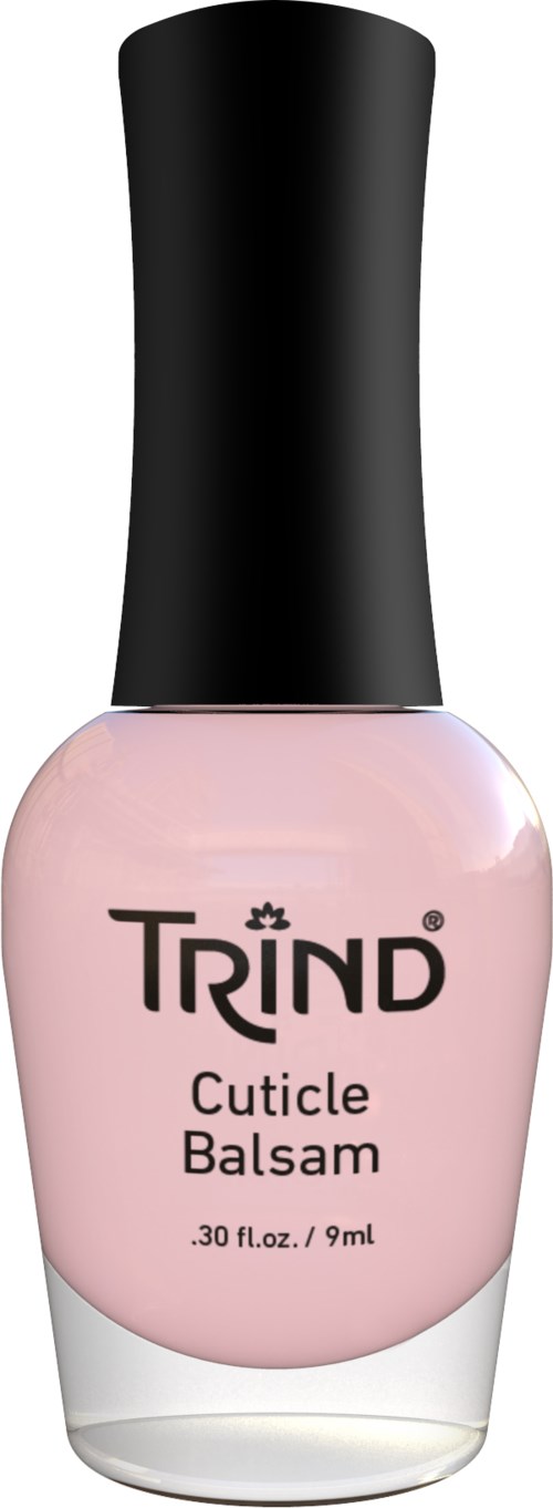 A small bottle of pink nail care product with a black cap and the label 'Trind Cuticle Balsam.'