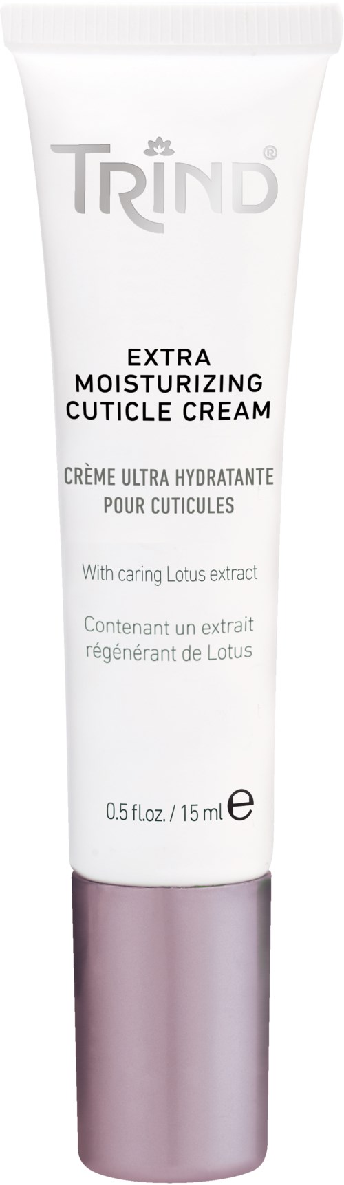 A white tube of Trind extra moisturizing cuticle cream with purple cap, featuring text about ingredients and size.
