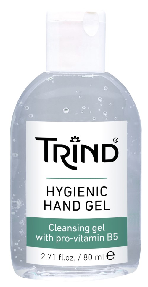 En tydlig flaska med hygienisk handgel med vit etikett, svart och grön text samt lock.