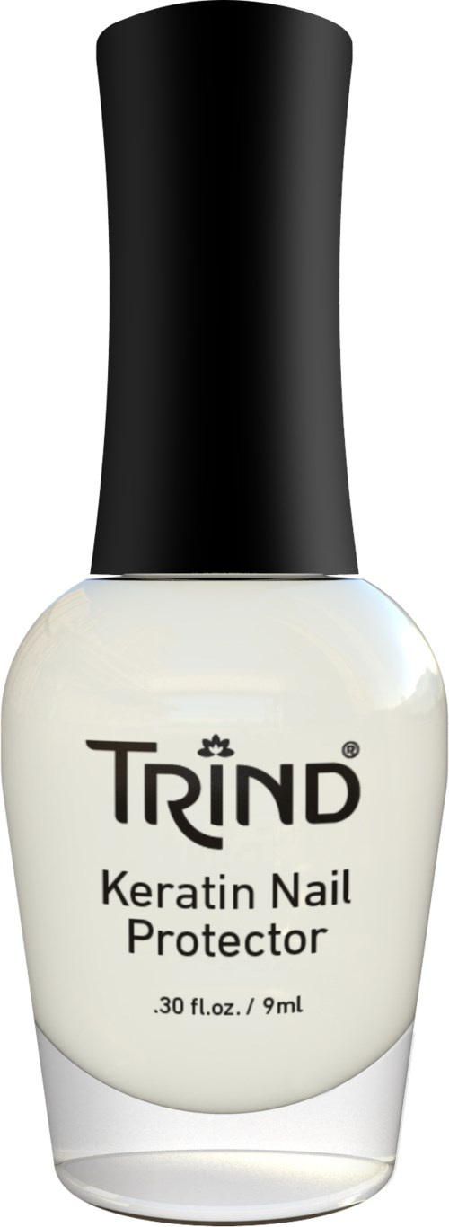 A small bottle of Trind Keratin Nail Protector with a black cap and clear label. It is a nail care product.