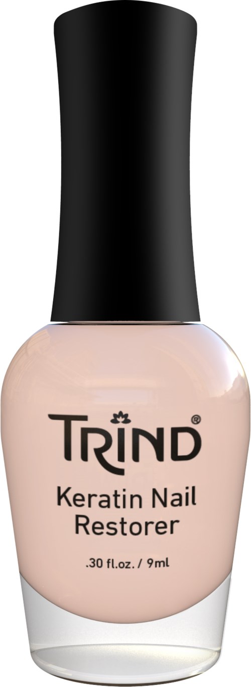 A bottle of Trind Keratin Nail Restorer with a black cap and beige nail product label.