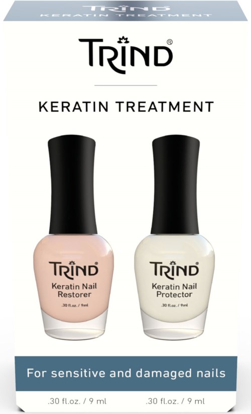 Two nail treatment bottles, one pink labeled 'Keratin Nail Restorer' and one white labeled 'Keratin Nail Protector'.