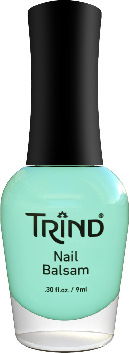 A light green nail polish bottle with a black cap, labeled 'TRIND Nail Balsam'.