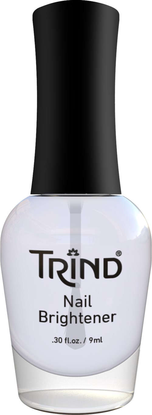 A small bottle of white nail brightener with a black cap, labeled 'TRIND Nail Brightener' and size details.