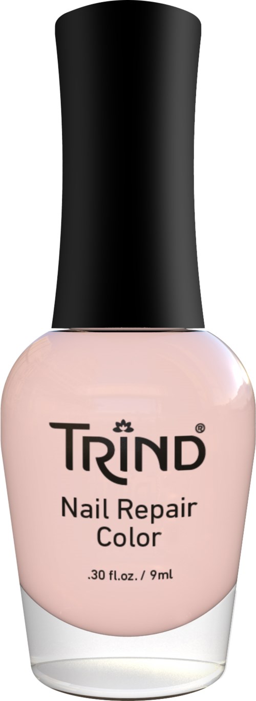 En nagellacksflaska märkt 'Trind Nail Repair Color' visas, med svart lock och blekrosa lack.