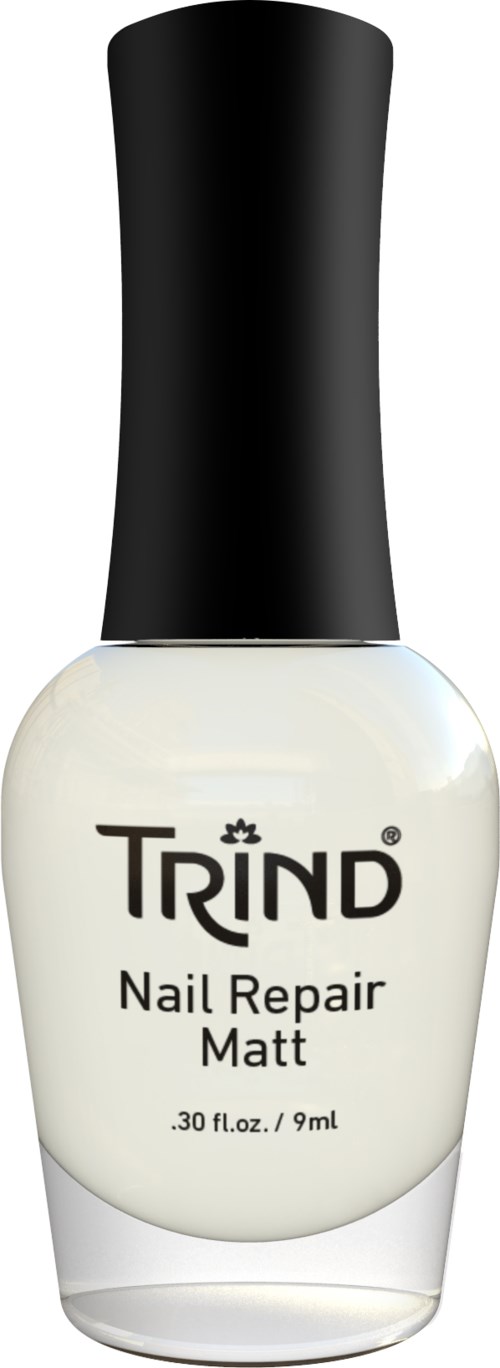 A bottle of Trind Nail Repair Matt nail polish, white with black cap, 9 ml size.