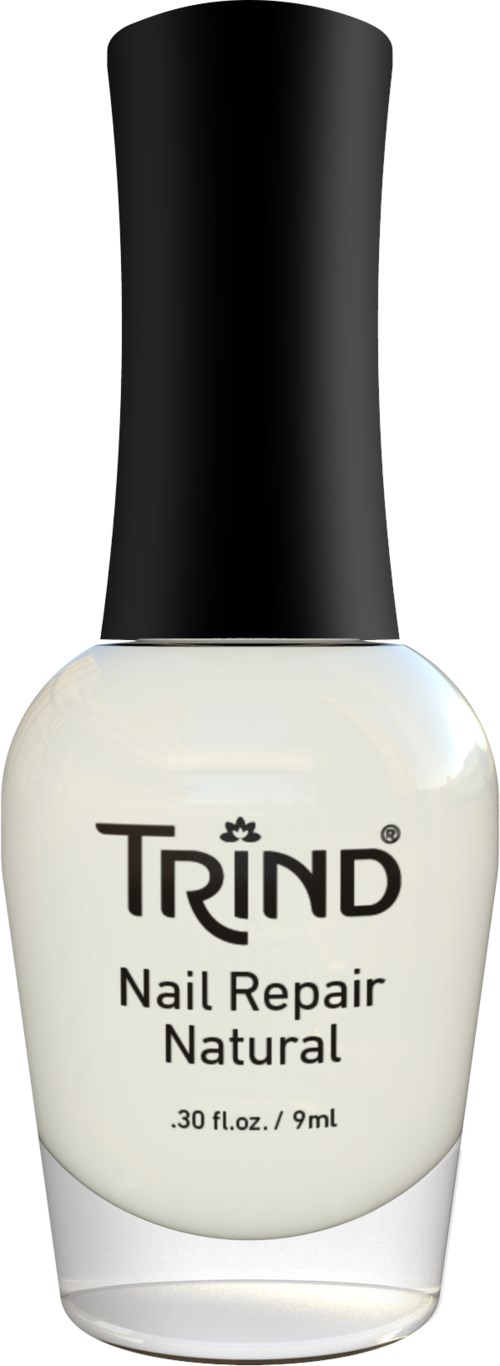 White nail polish bottle with black cap, labeled "TRIND Nail Repair Natural," holding 9 ml or 0.30 fl oz.
