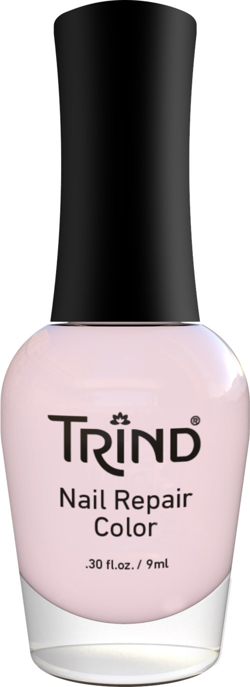 A nail polish bottle labeled 'Trind Nail Repair Color' with a pale pink liquid inside and a black cap.