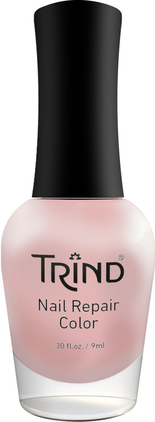 Kynsilakkapullo, jossa lukee 'TRIND Nail Repair Color', korkki musta ja sisältä vaaleanpunainen lakka.