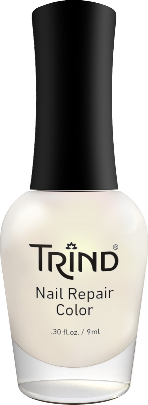 A bottle of nail repair color with a black cap and white label, labeled 'TRIND Nail Repair Color,' size 9 ml.