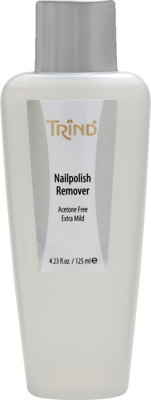 A white bottle of nail polish remover with a gray cap. The label says "TRIND" and "Nailpolish Remover."