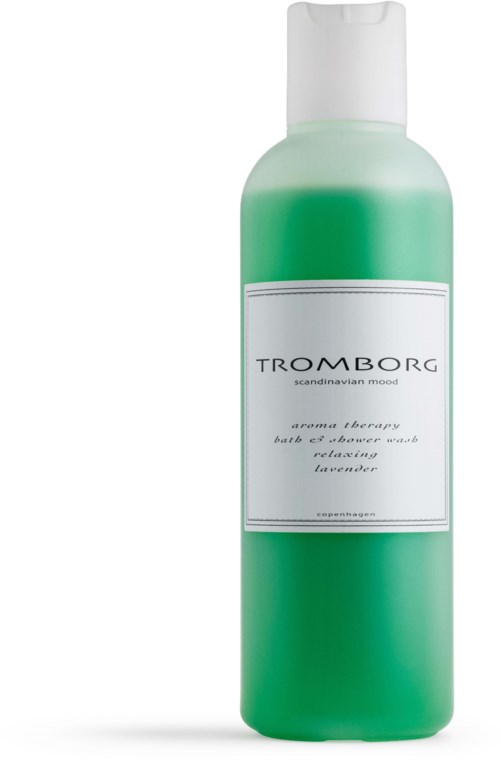 Eine grüne und weiße Flasche mit weißem Deckel, beschriftet mit 'TROMBORG' und 'lavendel'.