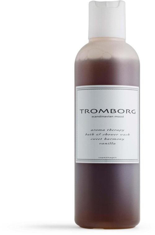 Eine Flasche Duschgel mit weißem Deckel und einem Etikett, das 'Trombork' und 'Vanille' Duft sagt.