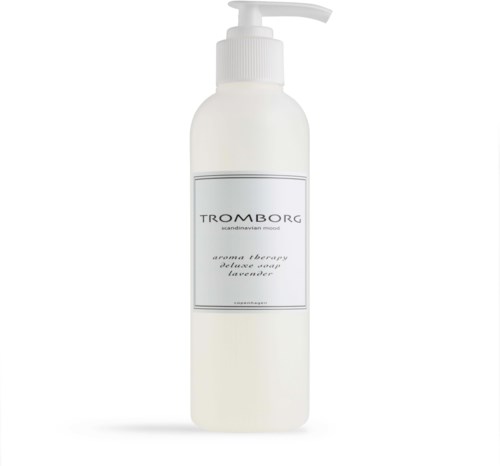 Eine weiße Pumpflasche mit einem Etikett, das TROMBORG erwähnt, Lavendelduft, für Aromatherapie oder Handseife.