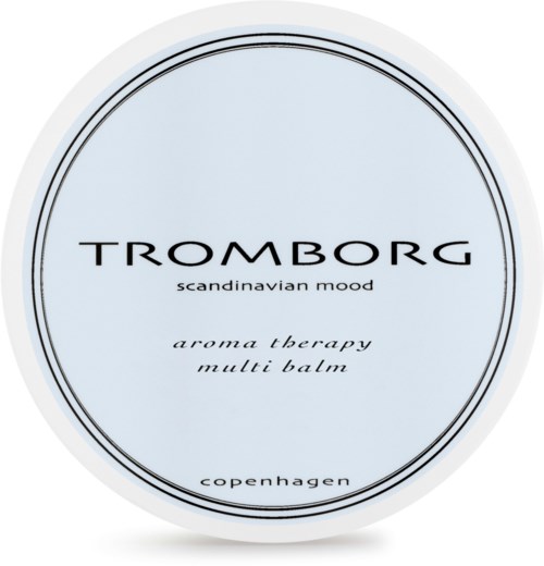 Logo für Tromborg mit Text zu Aroma Therapy Multi Balm, mit minimalistischem Design und sanfter Hintergrundfarbe.