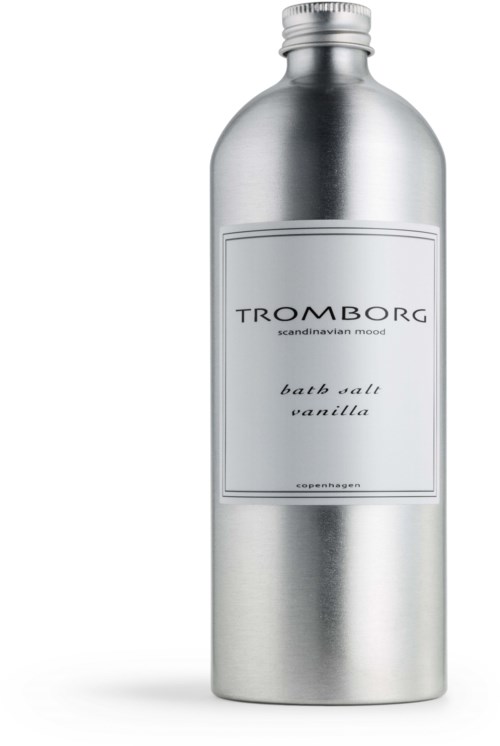 Eine silberne Flasche mit einem Etikett, das Tromborg, Badesalz Vanille, sagt und in Kopenhagen.