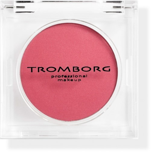 A pink blush compact with black text, labeled TROMBORG professional makeup in a clear plastic case.