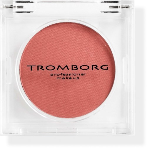 A round, pink-colored makeup blush in a clear square container with black text label.