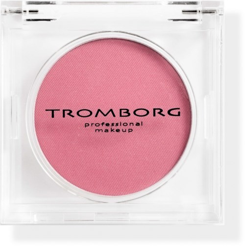 Ein rosa Make-up-Blush in einer klaren quadratischen Verpackung mit dem Markennamen TROMBORG und den Worten professionelles Make-up.