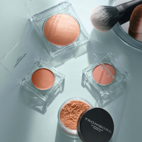 A collection of makeup products, including powders, blushes, and brushes, arranged on a white surface.