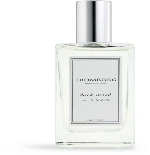 Eine klare Parfümflasche mit silberner Kappe, beschriftet 'TROMBORG dark mood eau de toilette'.