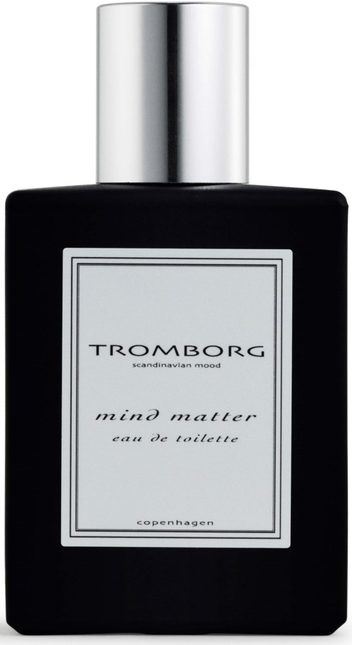Eine schwarze Parfüfflasche mit Silberkappe, beschriftet 'TROMBORG mind matter.'