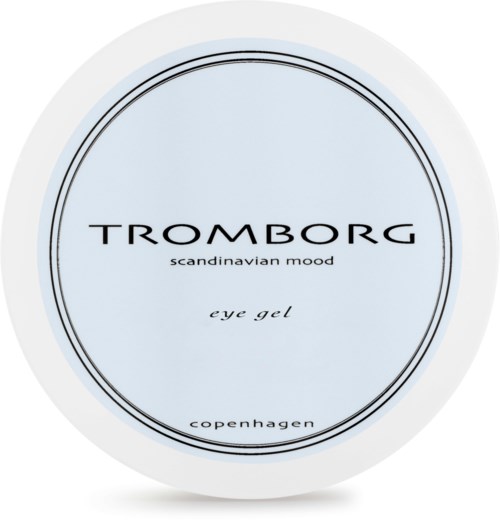 Produktetikett für Tromborg Augen-Gel mit skandinavischer Stimmung, Kopenhagen. Hellblauer Hintergrund und schlichter Text.