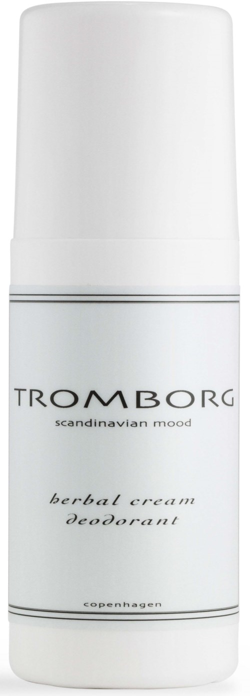 Eine weiße Flasche mit Tromborg Kräutercreme Deodorant, mit Deckel, Beschriftung mit Marke und Produktname.